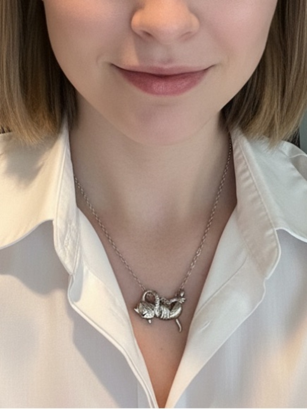 Whimsical Silver Color Cat Necklace – Playful Sculpted Kitty Pendant - Picture 2 of 7